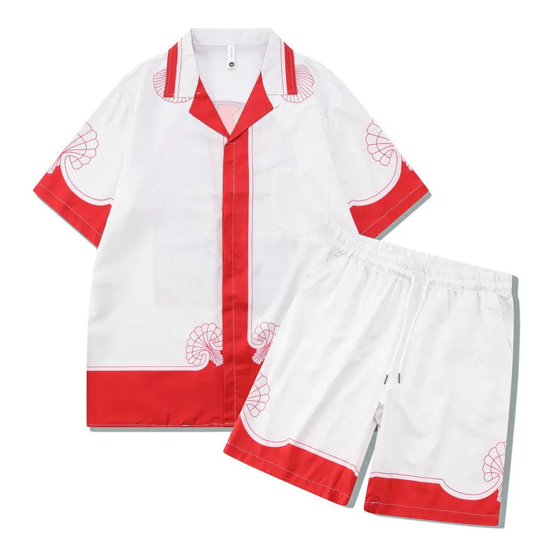 Men's plaid print beach outfit set with short sleeve shirt and pants on a hanger.