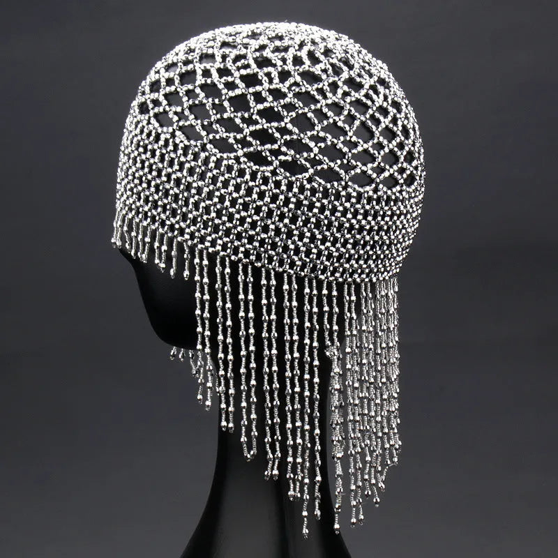 Belly dance hat with handmade beads, decorative mesh, and tassels in black or silver colour