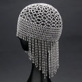 Belly dance hat with handmade beads, decorative mesh, and tassels in black or silver colour