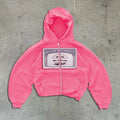 Black loose-fit hoodie zipper jacket with letter pattern and zipper pockets laid flat.