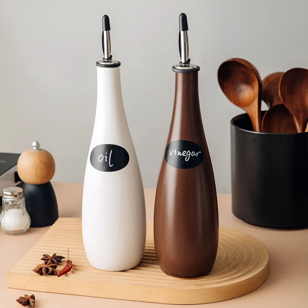 Ceramic oil pot with oil brush and removable funnel in black, coffee, or white finish