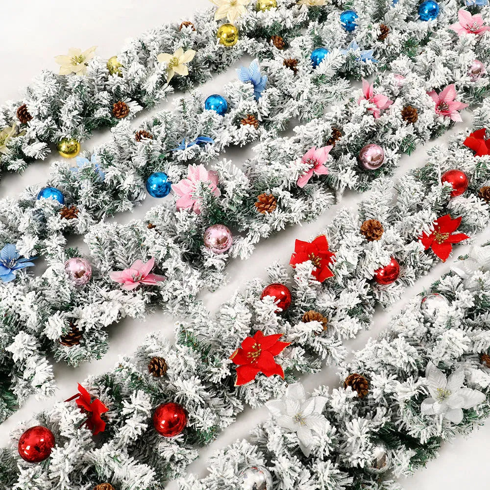 Christmas rattan garland flocking decoration with PVC American style artificial foliage vine