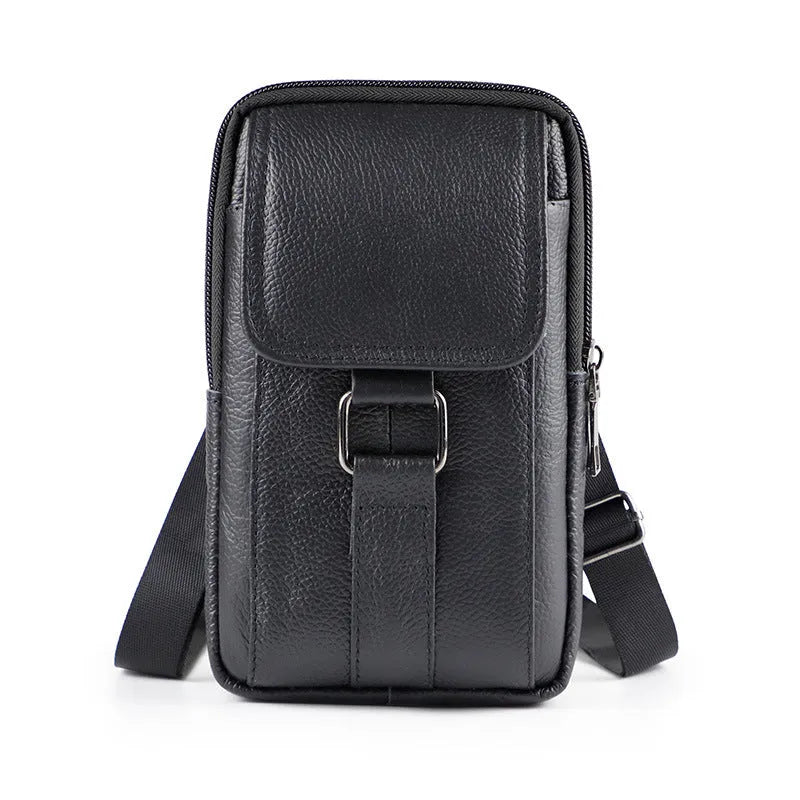 Men's black genuine leather waist bag with square shape, lock, and crossbody strap