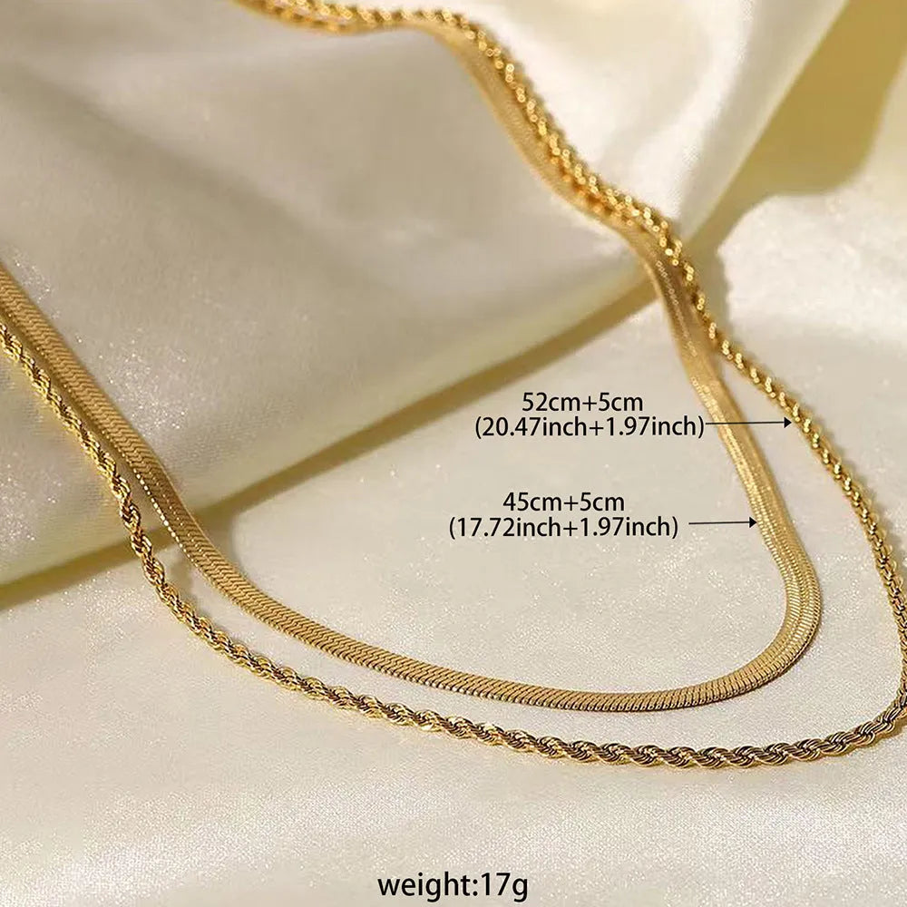 Women's adjustable double-layer twist necklace with geometric titanium steel pendant and snake bone chain