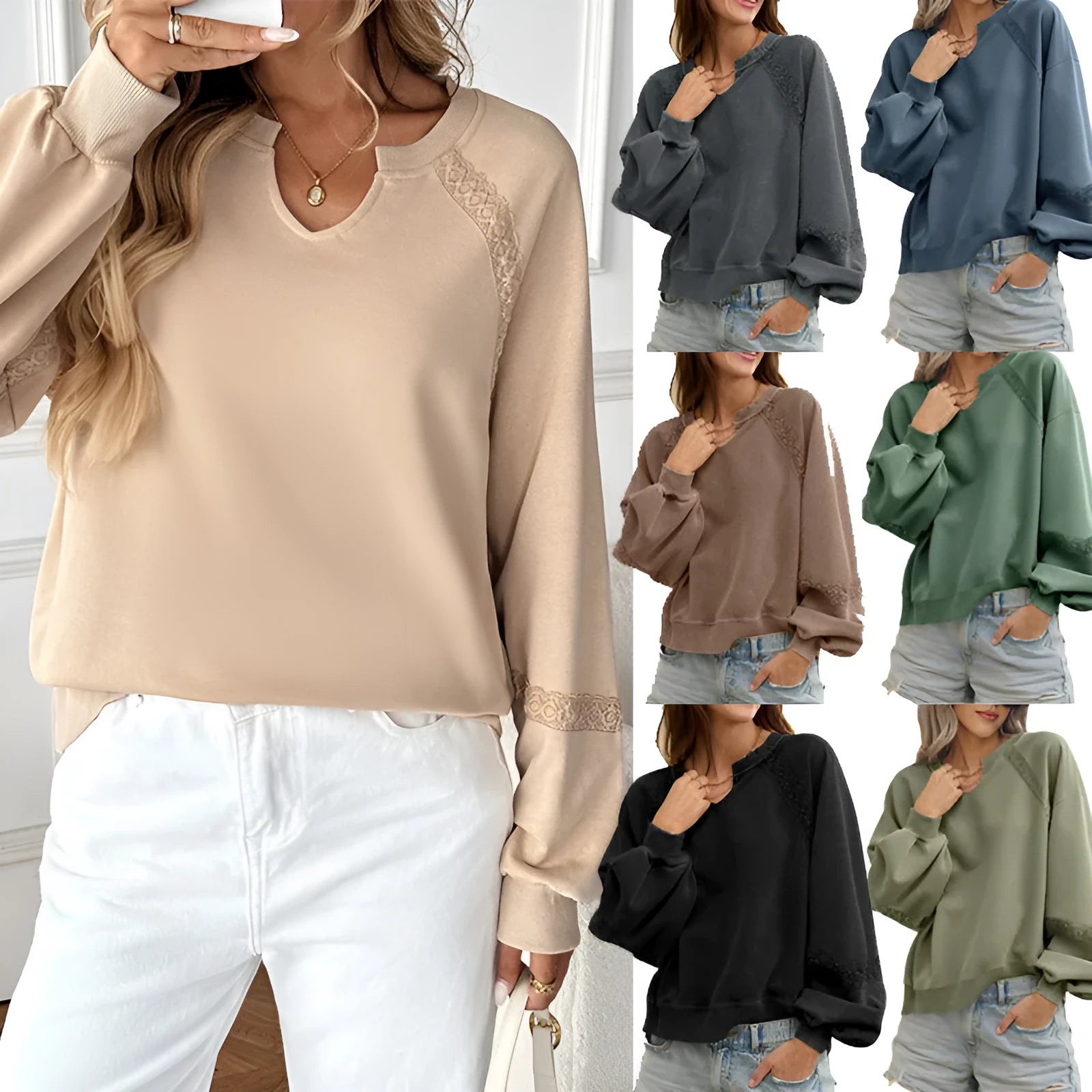 Women's solid colour lace stitch sweater with half-open collar and long sleeves in army green