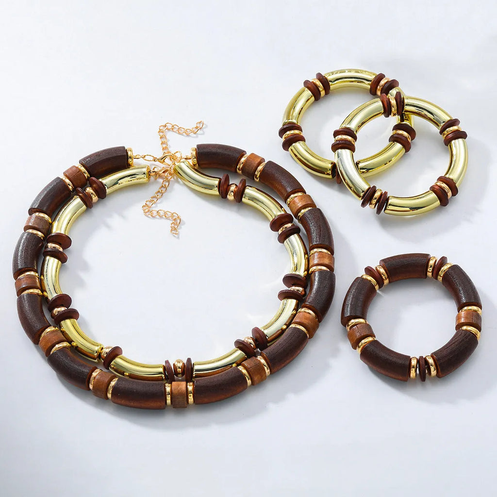 Women's alloy multi-layer wooden necklace and bracelet set with round pendants