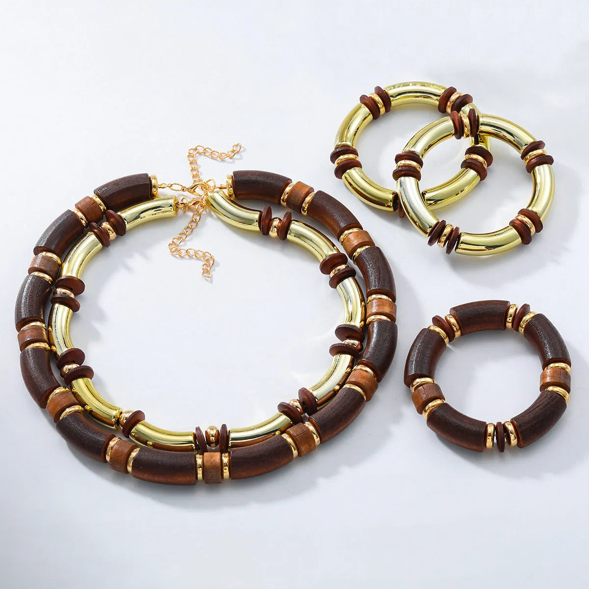 Women's alloy multi-layer wooden necklace and bracelet set with round pendants