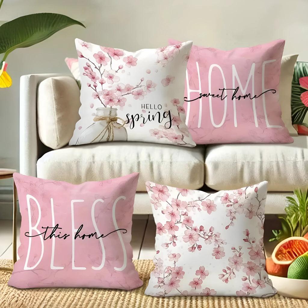 Cherry blossom letter design on a 45cm square short velvet cushion cover