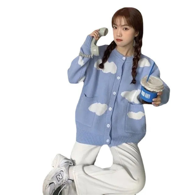 Women's loose fit blue spandex cardigan with cloud pattern and long sleeves
