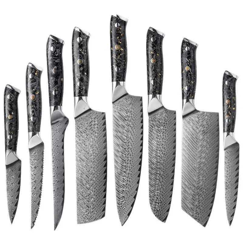 Eight-piece Damascus style kitchen knife set with fishbone pattern and steel core including fruit steak and chef knives
