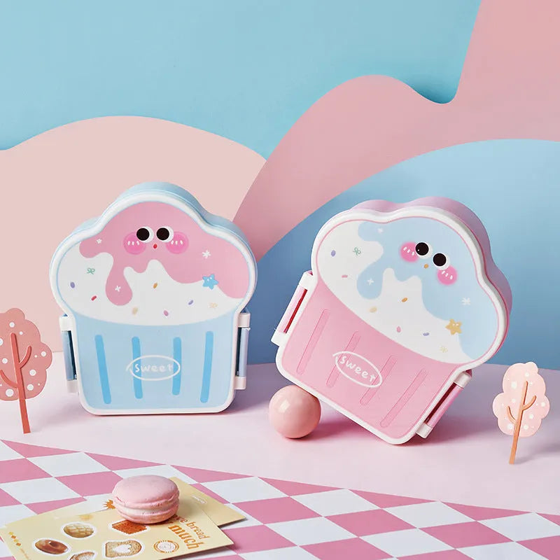 Plastic ice cream shaped lunch box in pink or blue with spoon and fork for students