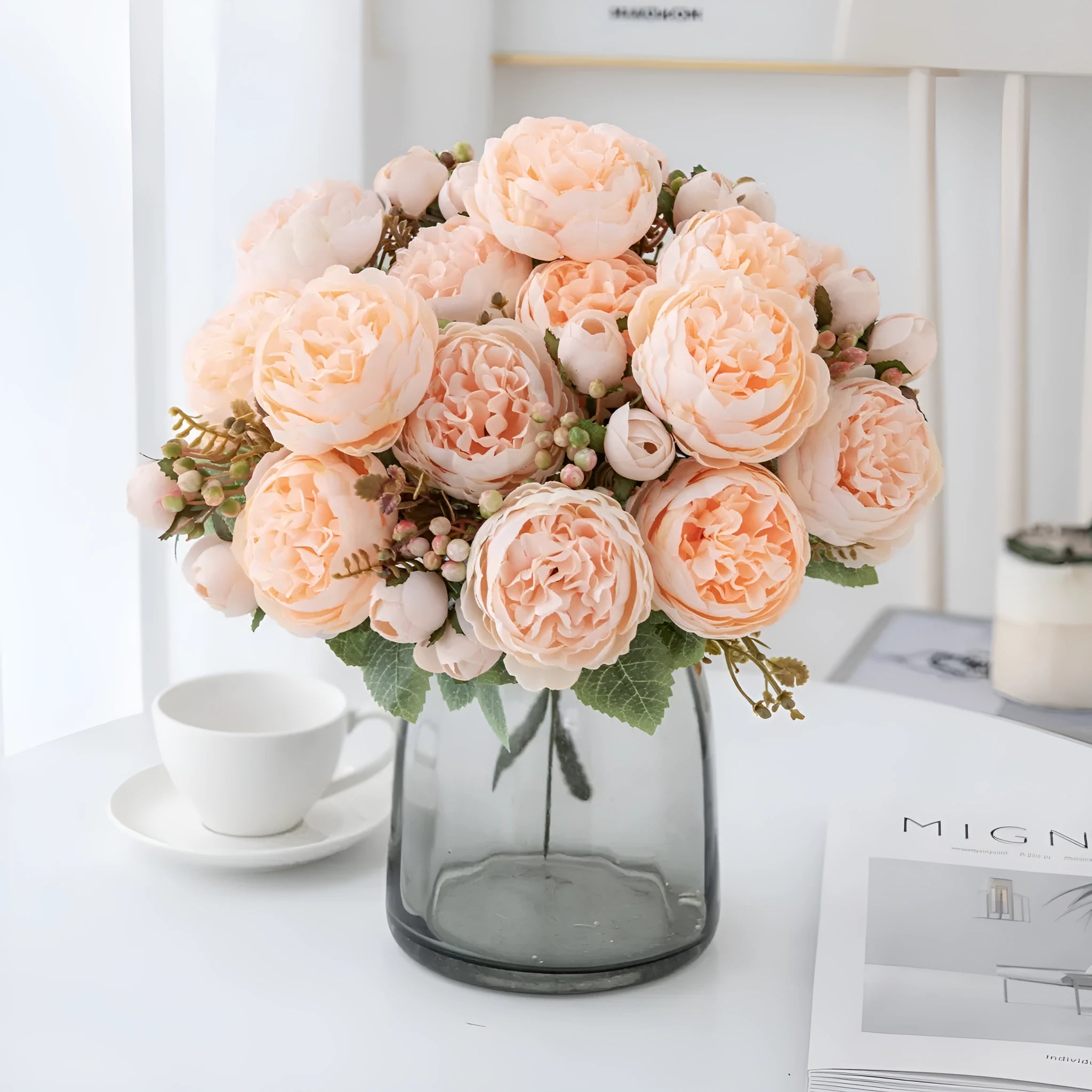 Silk artificial peony flower bouquet in champagne colour for home or wedding decoration