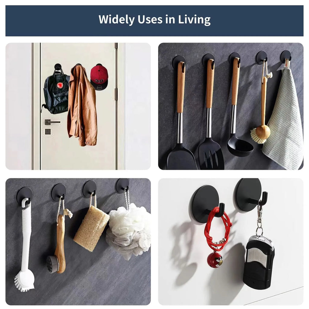 Round stainless steel self-adhesive wall hook in black and polished finish for bathroom and kitchen storage