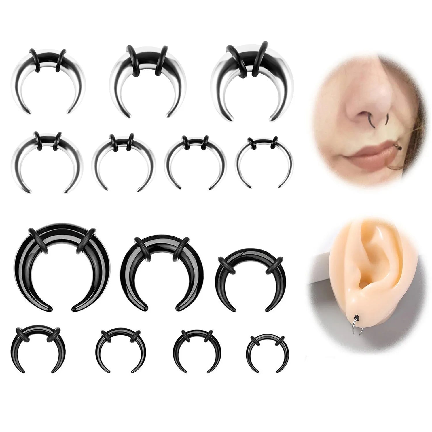 Black and steel coloured C-shaped 316 stainless steel nose ring with buffalo horn style.