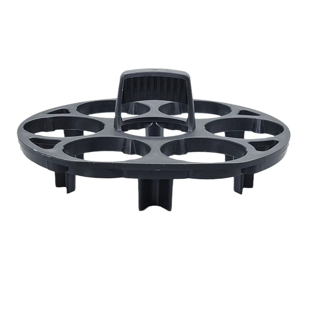 Black plastic egg holder measuring 13.8cm with retainer function for cooking machine storage