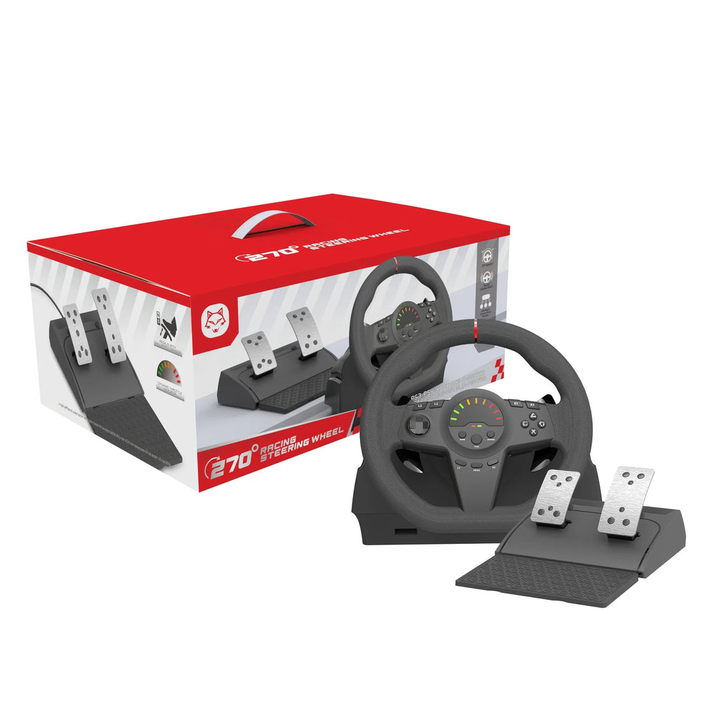Black multi-platform gaming steering wheel with two pedals and mounting bracket for PC and consoles