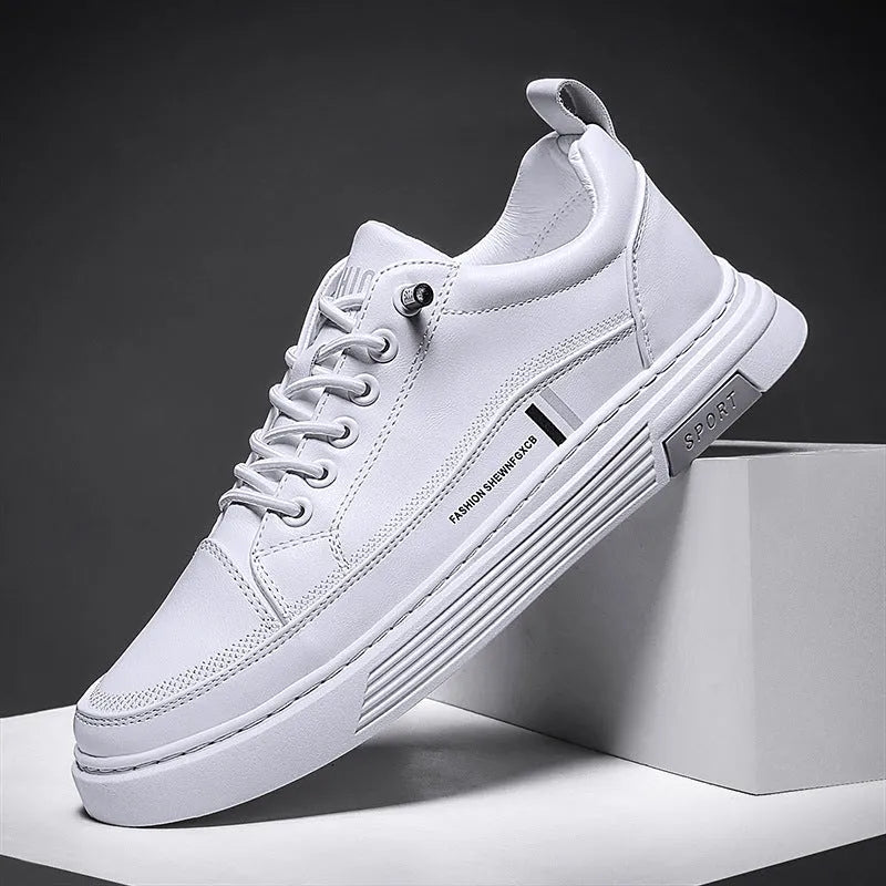 Men's low-top white skateboard shoes with elastic band closure and microfiber upper.