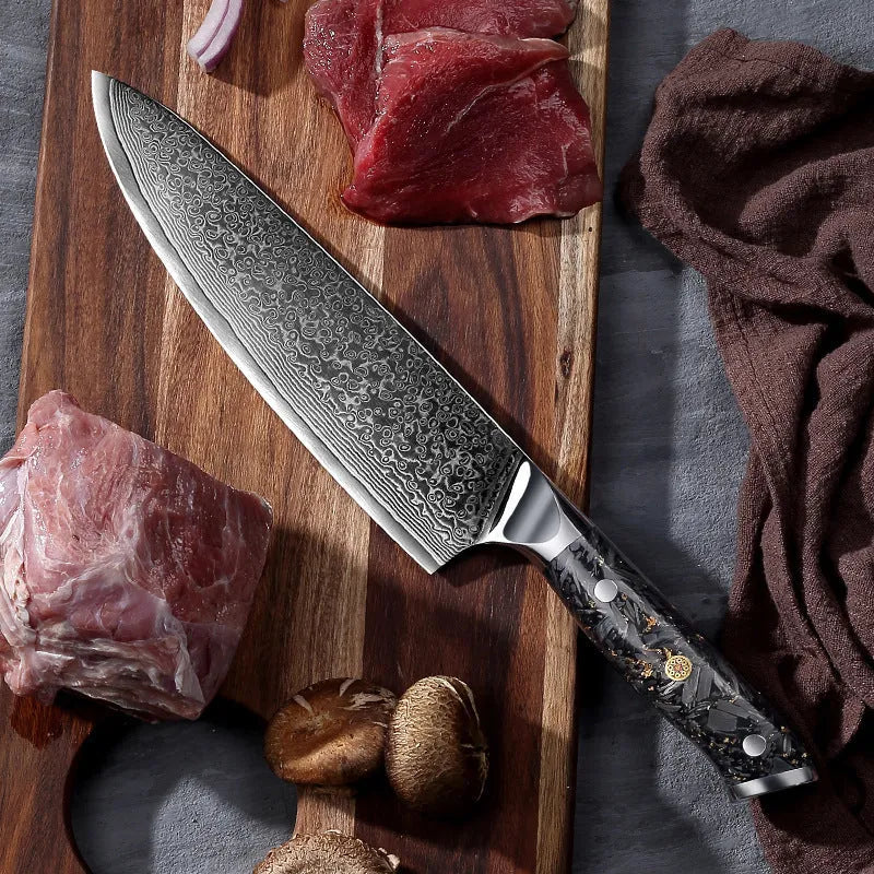Eight-piece Damascus style kitchen knife set with fishbone pattern and steel core including fruit steak and chef knives