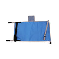 Blue children's aircraft seat extender with pedal support and drawstring storage pocket