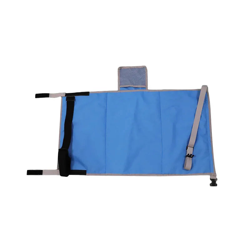 Blue children's aircraft seat extender with pedal support and drawstring storage pocket
