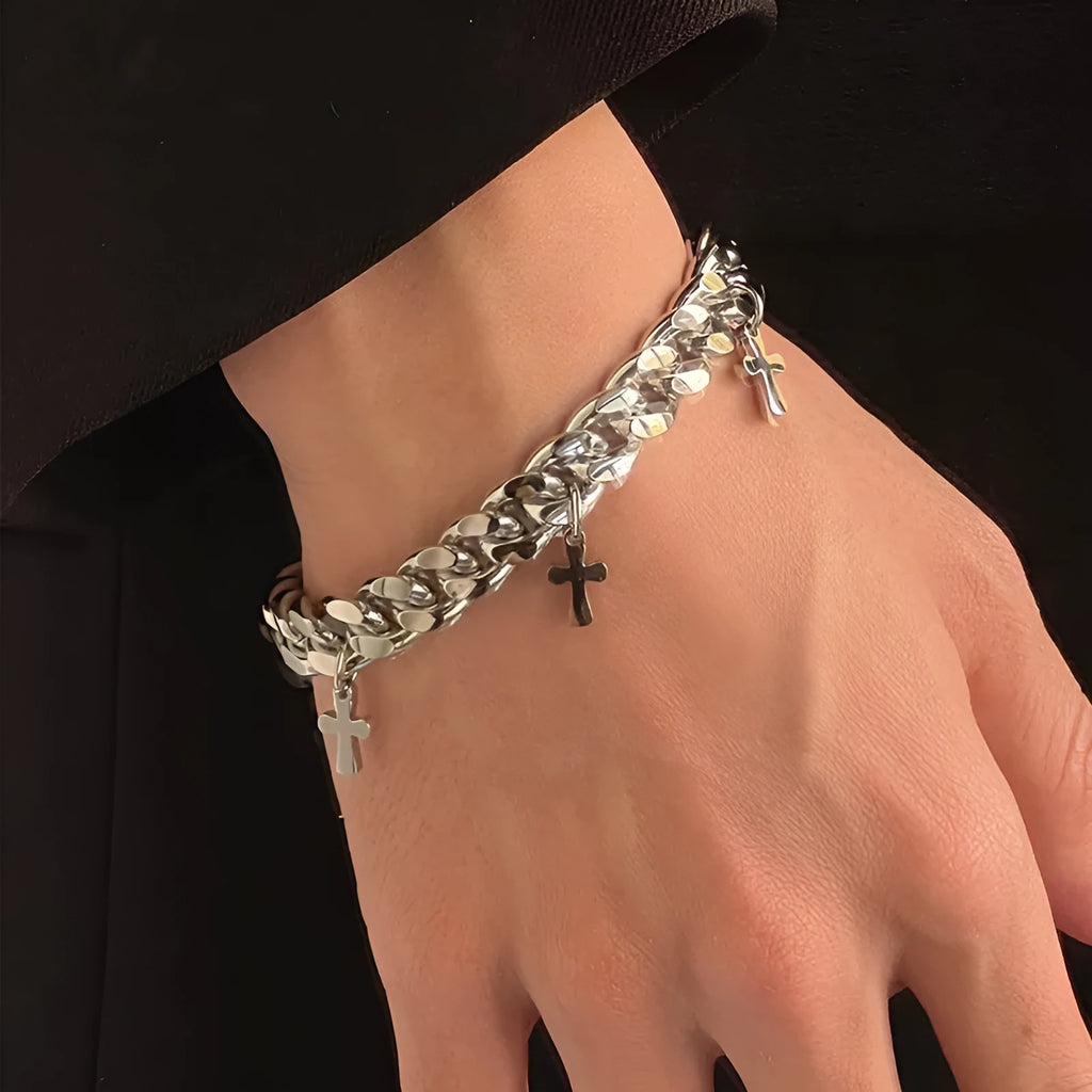 Men's titanium steel geometric bracelet with cross design and cold wind style finish