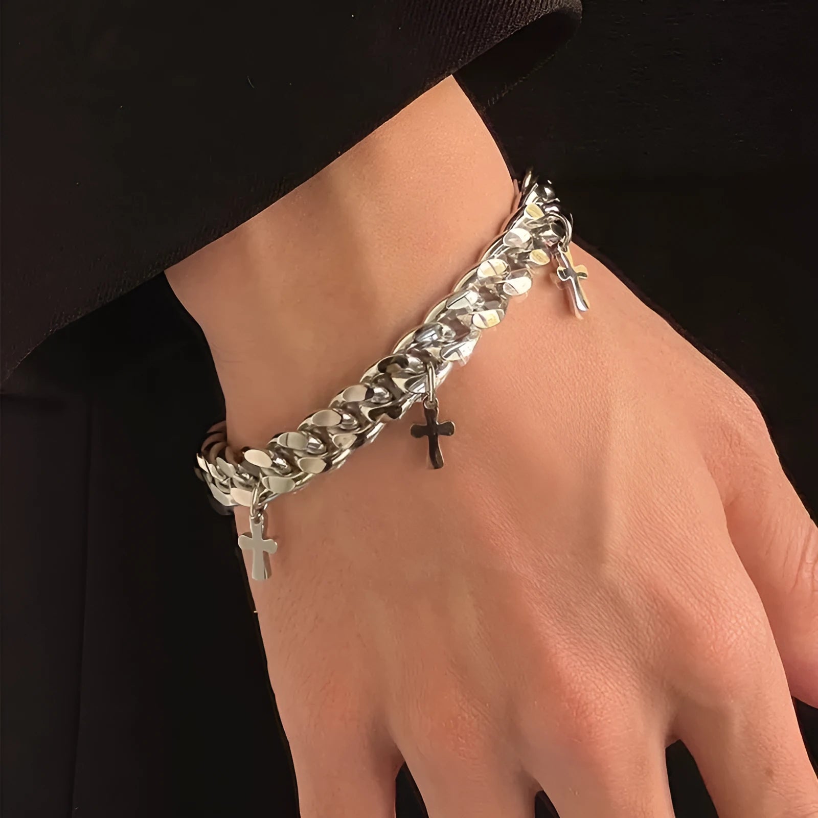 Men's titanium steel geometric bracelet with cross design and cold wind style finish