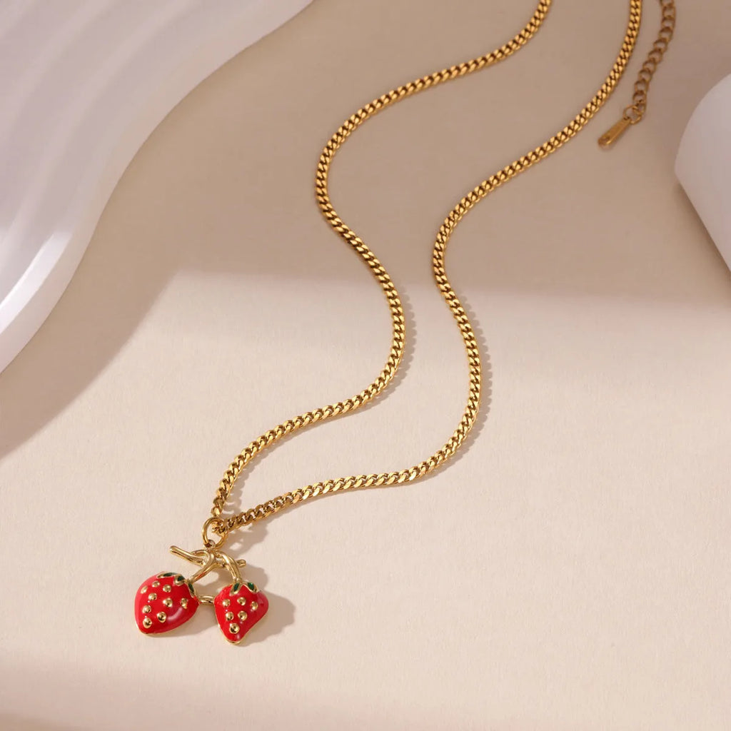 Red strawberry fruit pendant necklace on adjustable stainless steel chain