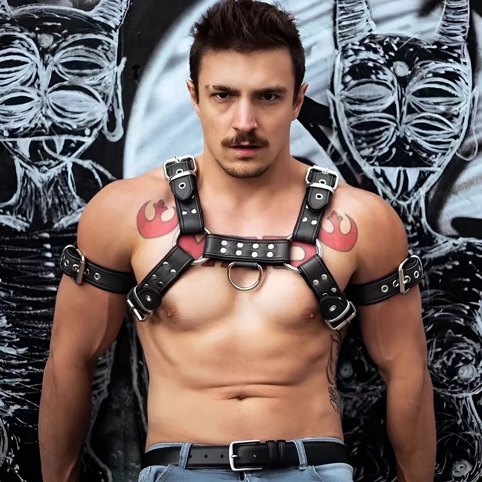 Black leather men's chest harness with metal buckle closures adjustable for 85-115 cm torso