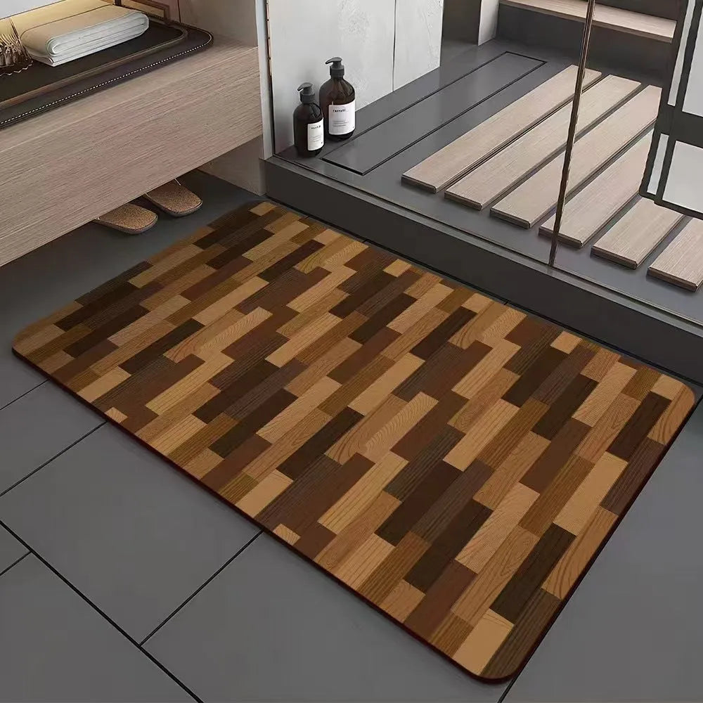 American style square diatom ooze floor mat with wood grain geometric pattern, shown in a bathroom setting.