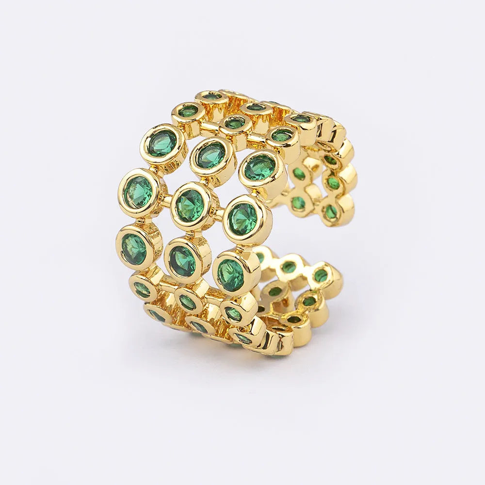 Copper gold plated three-layer wide ring with zircon details, exaggerated construction