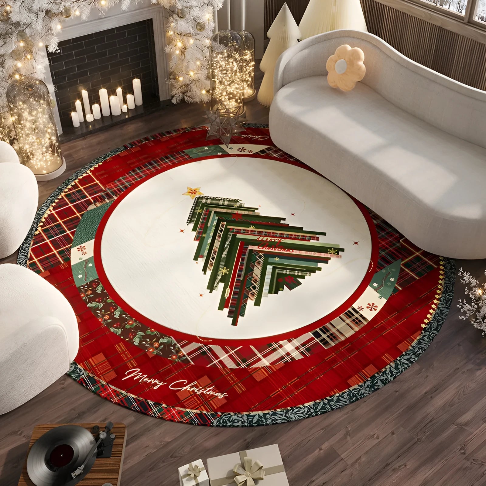 Round red and green Christmas themed non-slip polyester floor mat on a living room floor.