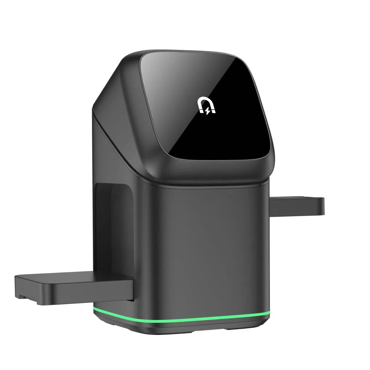 Black magnetic wireless phone charging stand showing 180-degree rotation adjustment.