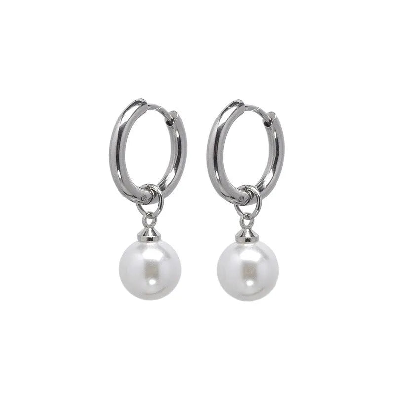 Geometric alloy pearl earrings with titanium steel posts and round pearl drops