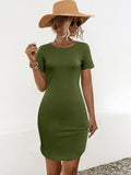Women's solid colour slim fit dress with U-shaped split and short sleeves in cotton blend fabric