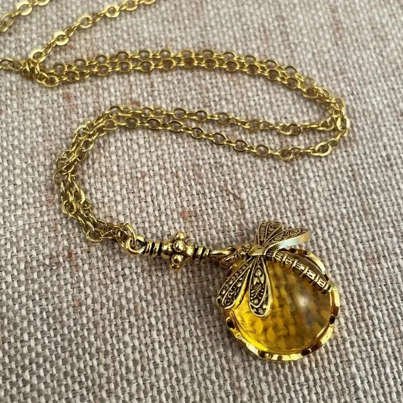 Yellow 925 silver hand carved dragonfly pendant necklace with polished finish