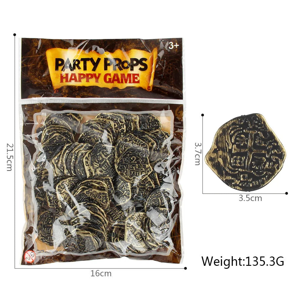 Set of 100 plastic Roman pirate coins with gold, silver, or bronze electroplated finish.