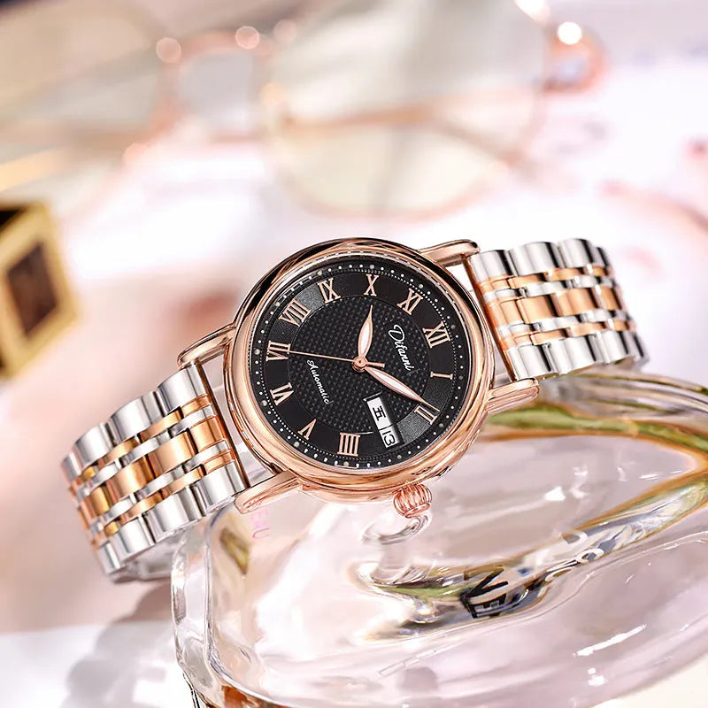 Women's automatic mechanical watch with steel bracelet or leather strap options in multiple colours