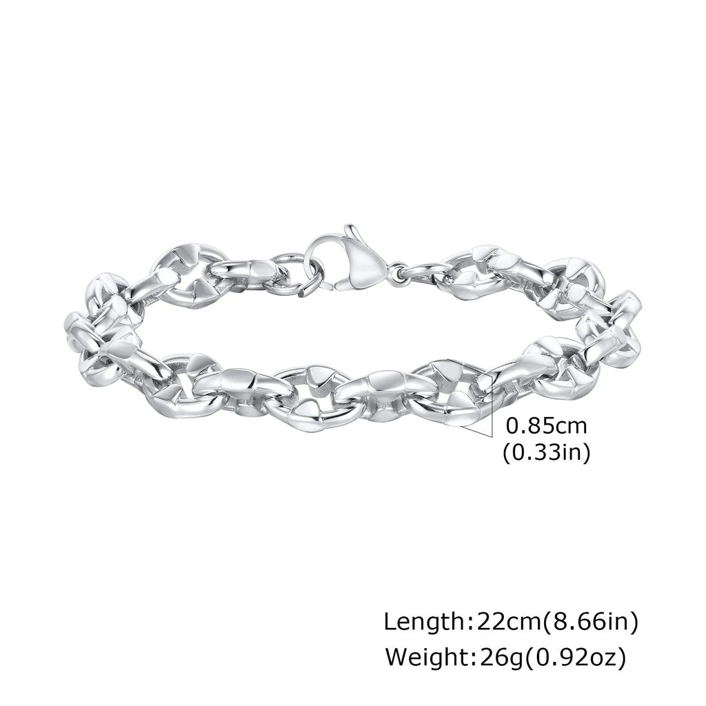 Men's thick stainless steel handmade chain bracelet in steel colour with geometric links