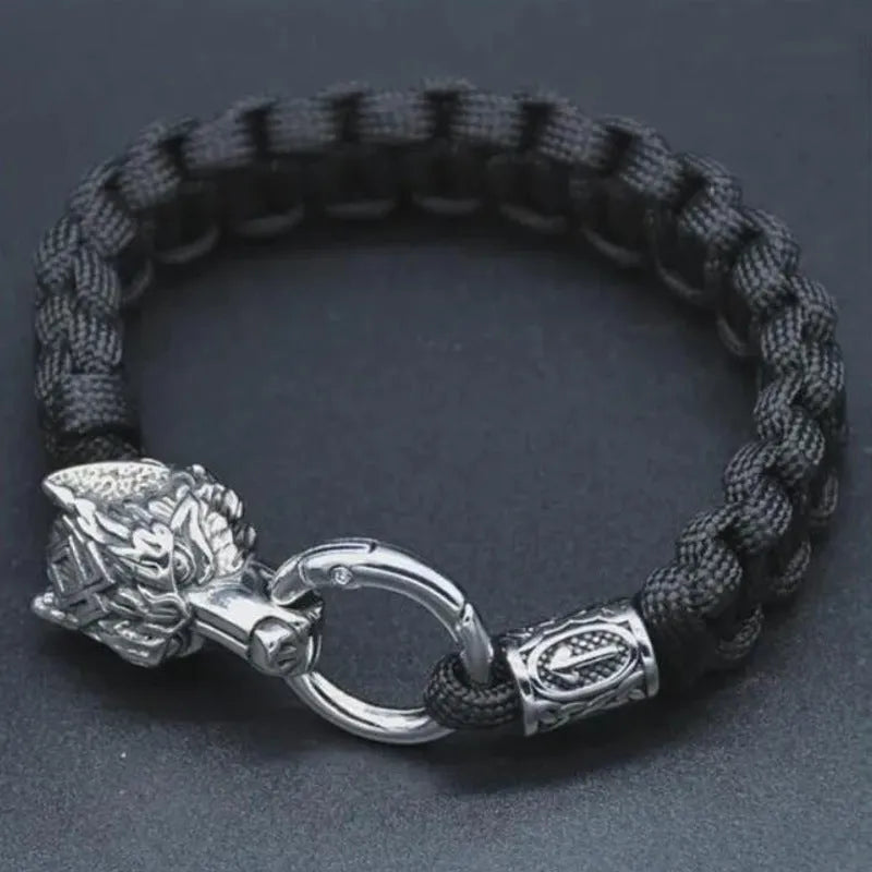 Handmade titanium steel wolf head bracelet with camouflage colour finish showing polished surface detail