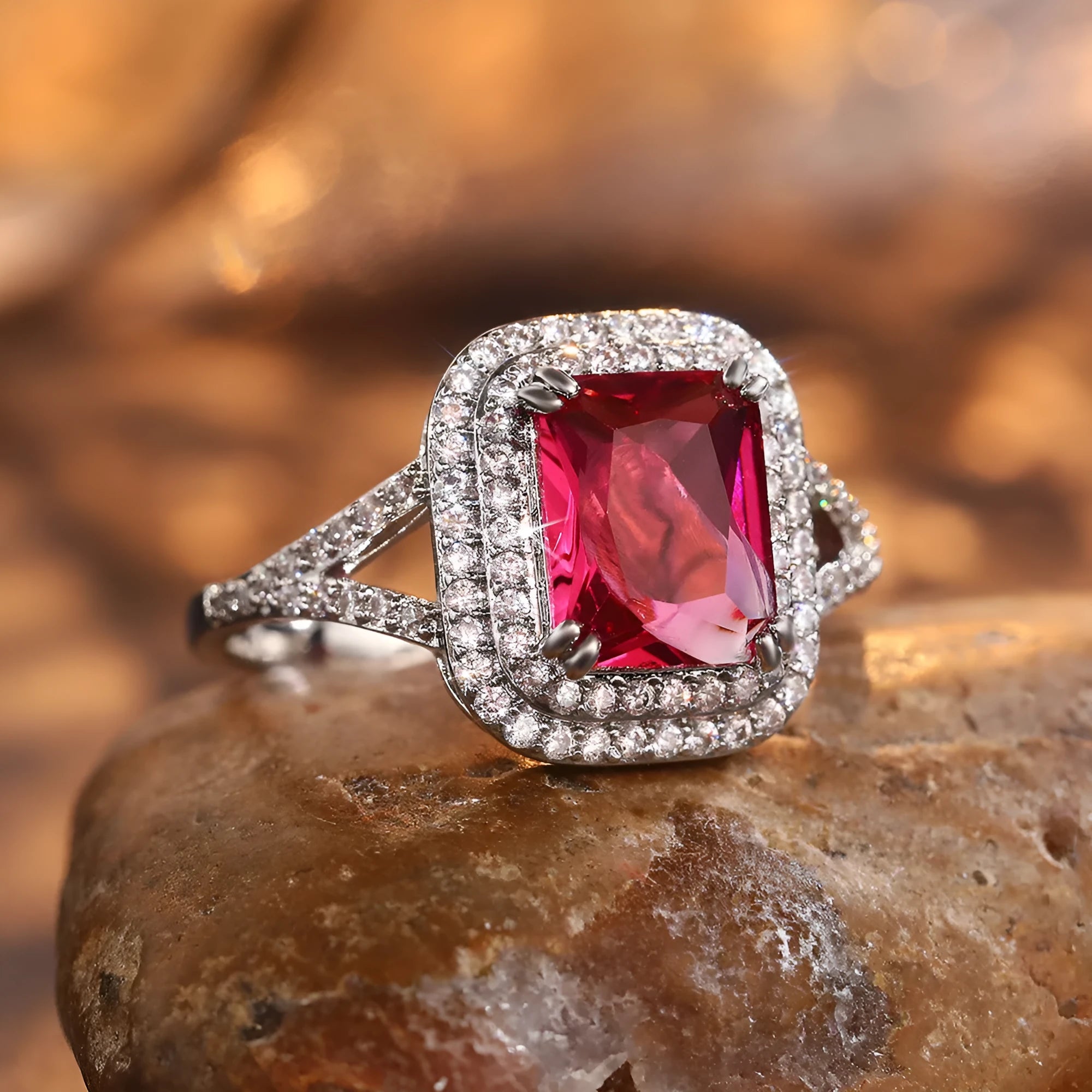Red square rhinestone set in a copper women's ring on a grey background.