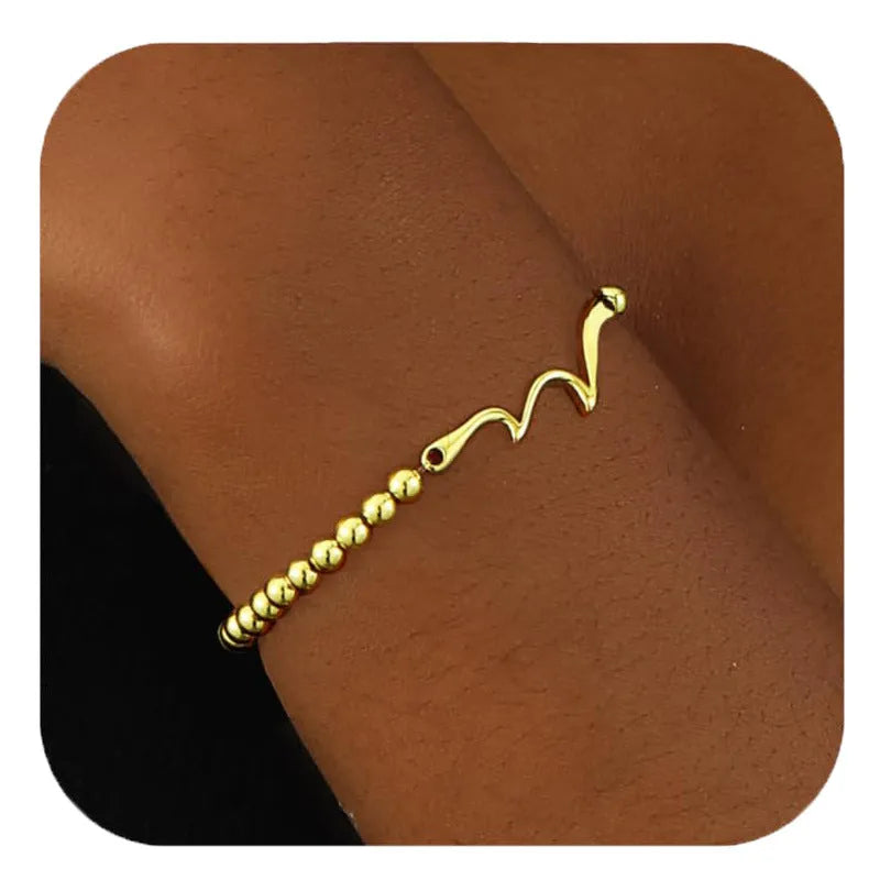 Adjustable stainless steel beaded bracelet with round geometric beads and electroplated finish for women