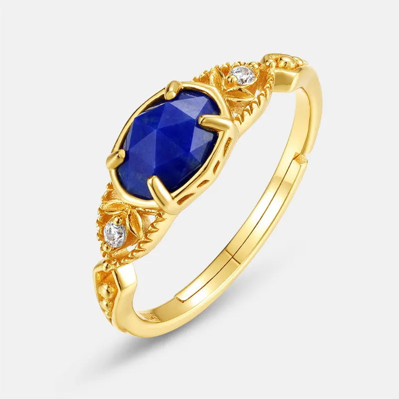 Silver lapis lazuli ring with ellipse stone and geometric Japanese-style design for women