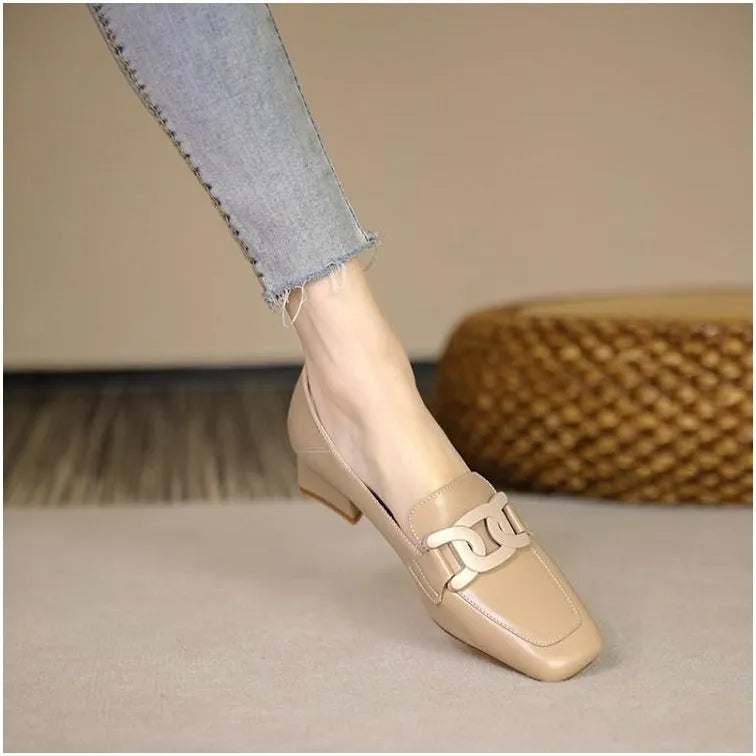 British style chunky heel pumps women's loafer square toe solid colour microfiber lining