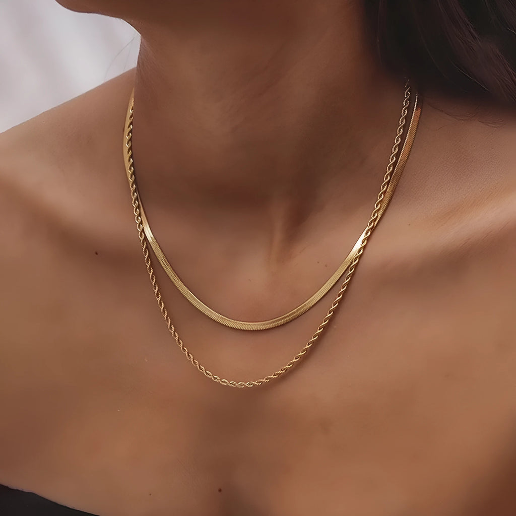 Women's adjustable double-layer twist necklace with geometric titanium steel pendant and snake bone chain