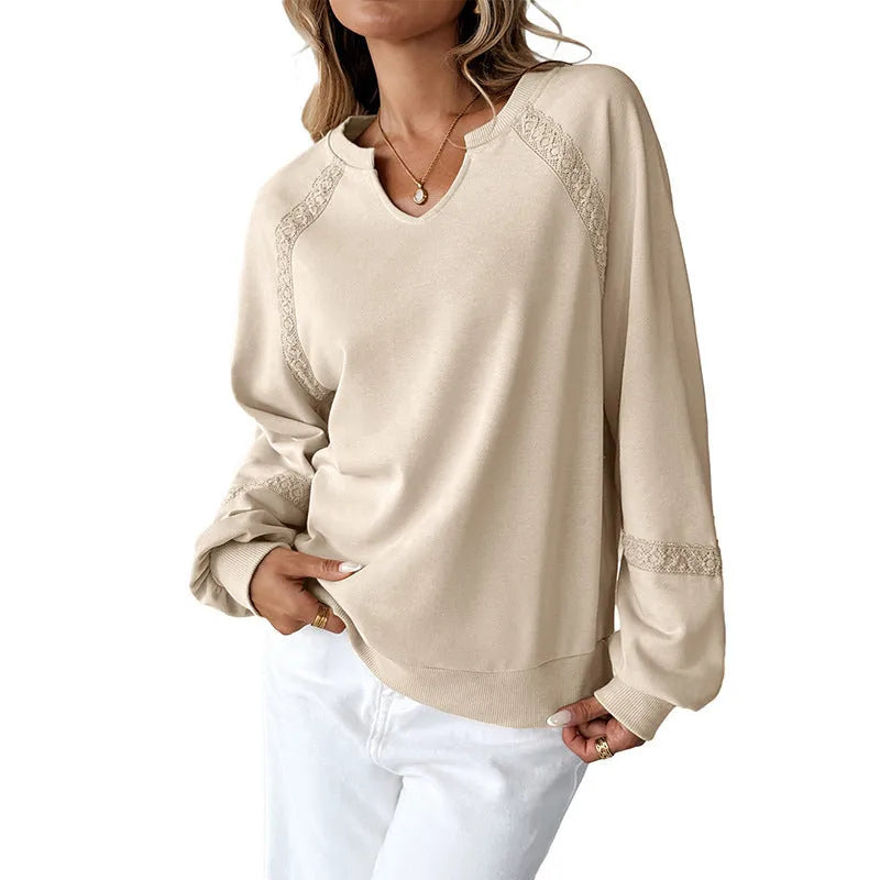 Women's solid colour lace stitch sweater with half-open collar and long sleeves in army green