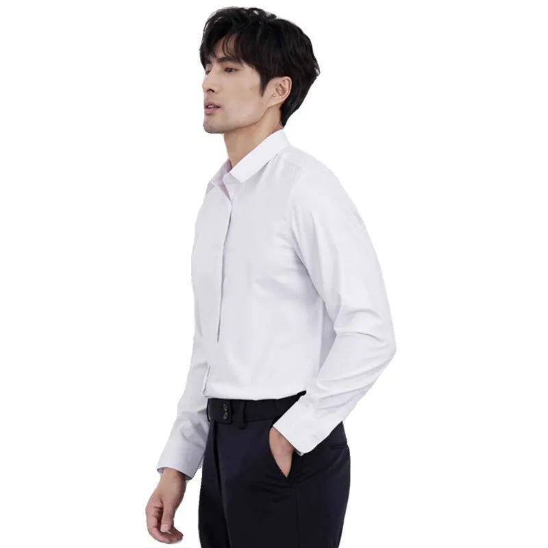 Man wearing a wine red slim fit long sleeve business casual shirt.
