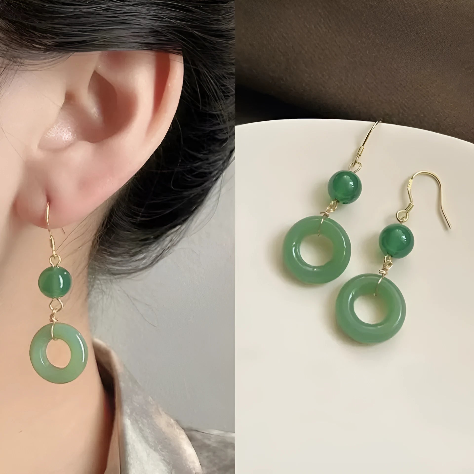Green jade peace buckle shape earrings with zinc alloy construction and 14K gold plating