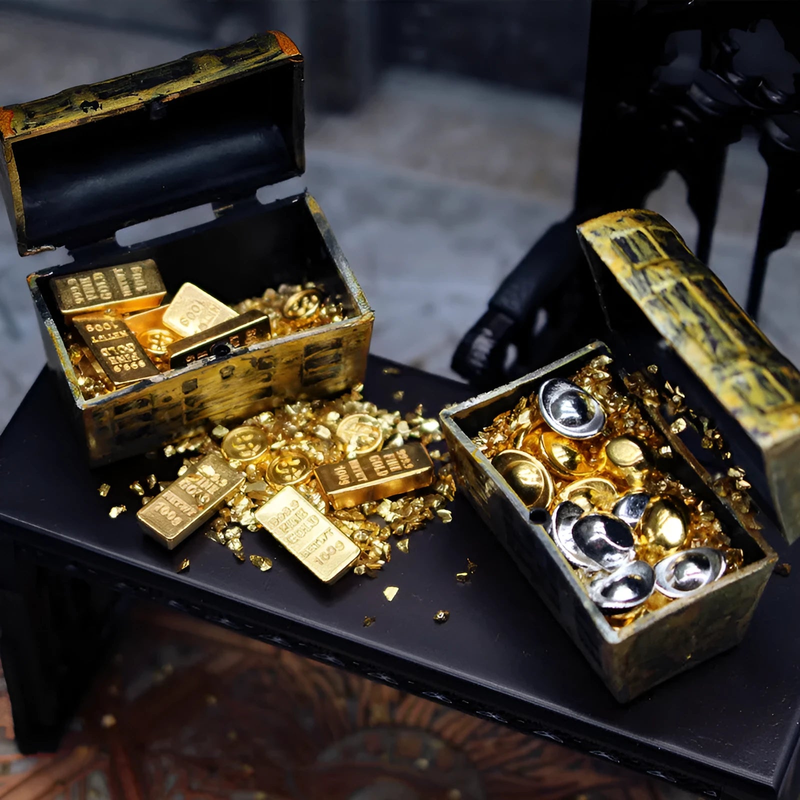 Alloy gold coin treasure box mini ornaments with gold bars for doll house accessories