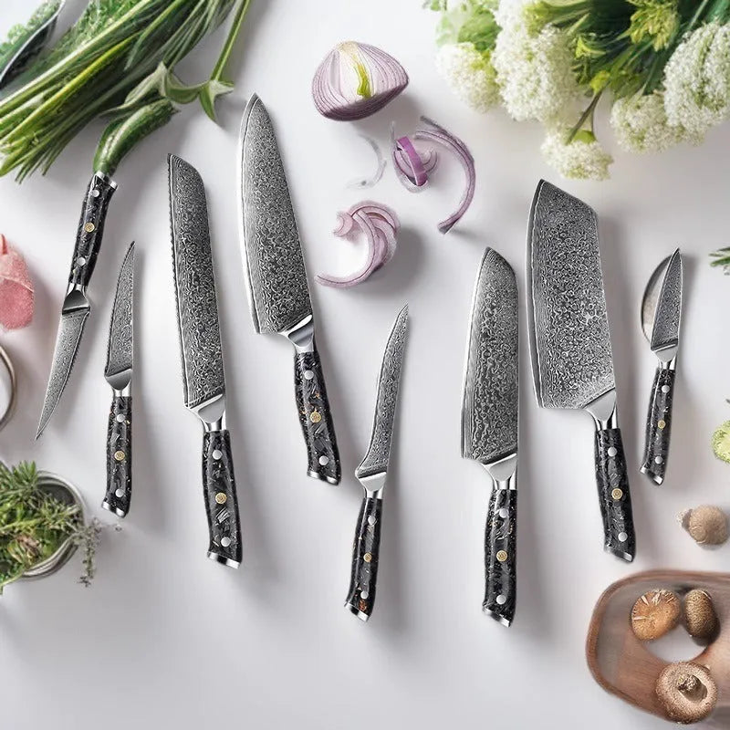 Eight-piece Damascus style kitchen knife set with fishbone pattern and steel core including fruit steak and chef knives
