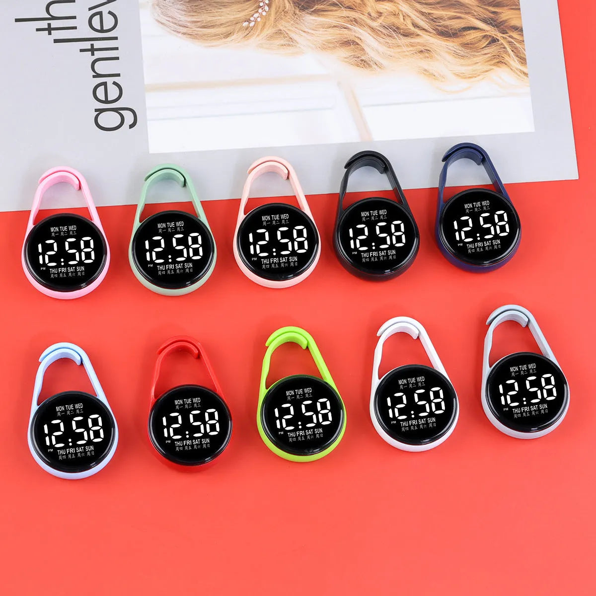LED digital watch with week display on a plastic strap, shown in multiple colour options.